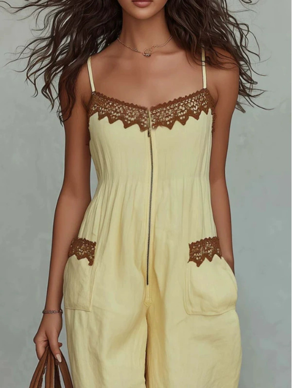 Women Cotton Linen Wide Leg Jumpsuit Lace Trim Front Zipper